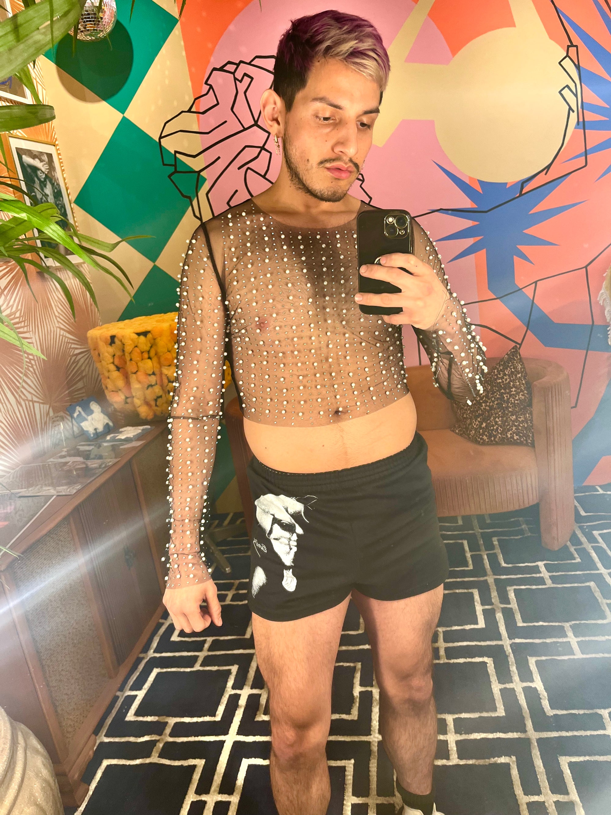Black pearl mesh long sleeve crop