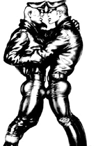 A T-shirt of the Famous art by Tom of Finland of a “Leather “ Duo in a very intimate proximity 